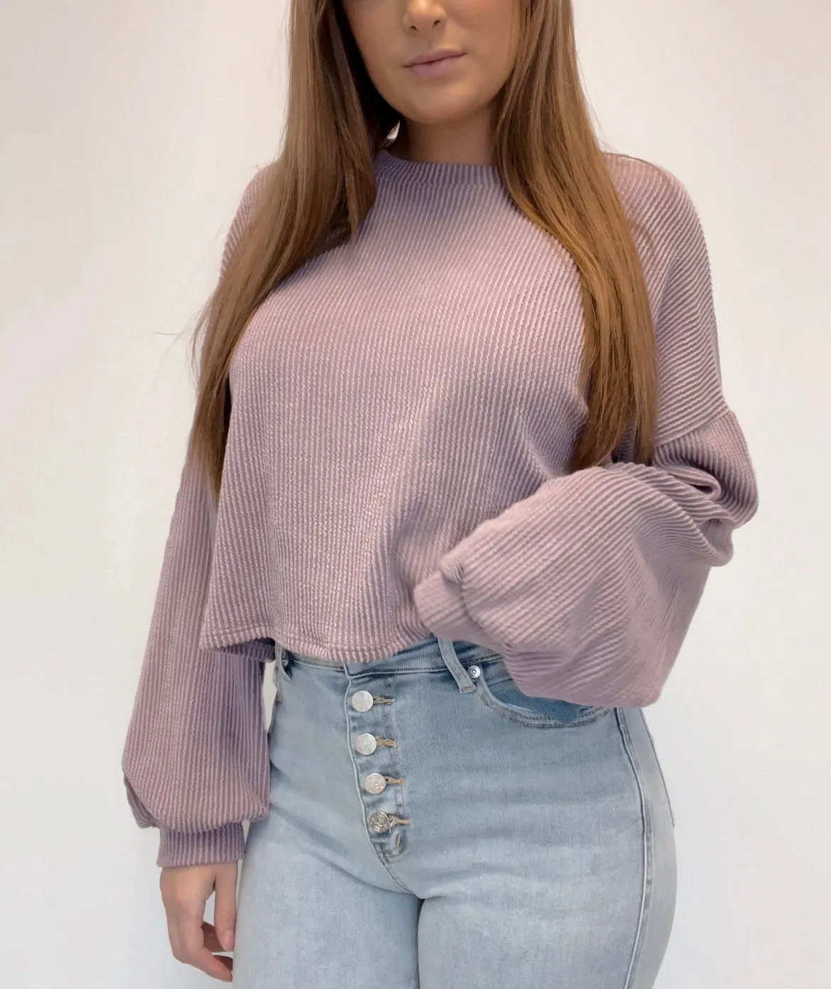 Ribbed Crop Top  with Pillow Sleeves - Mauve