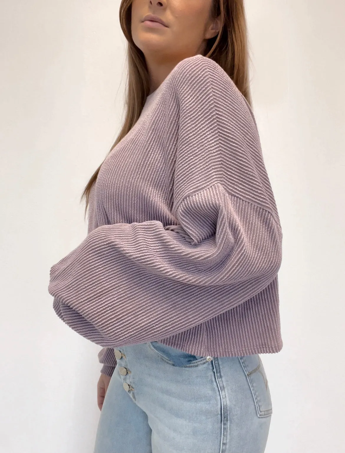 Ribbed Crop Top  with Pillow Sleeves - Mauve