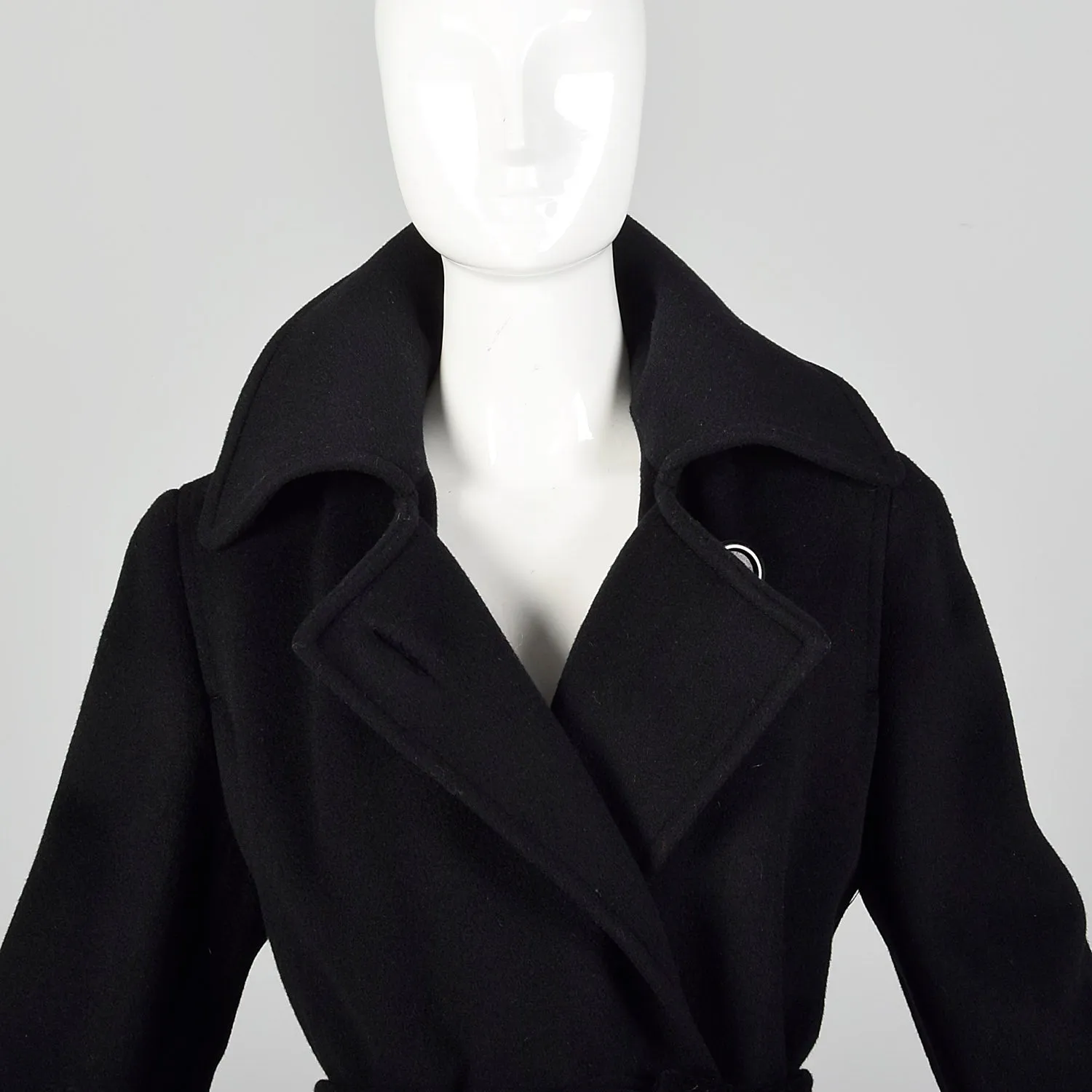 Small Black Heavyweight Wool 1970s Trench Coat