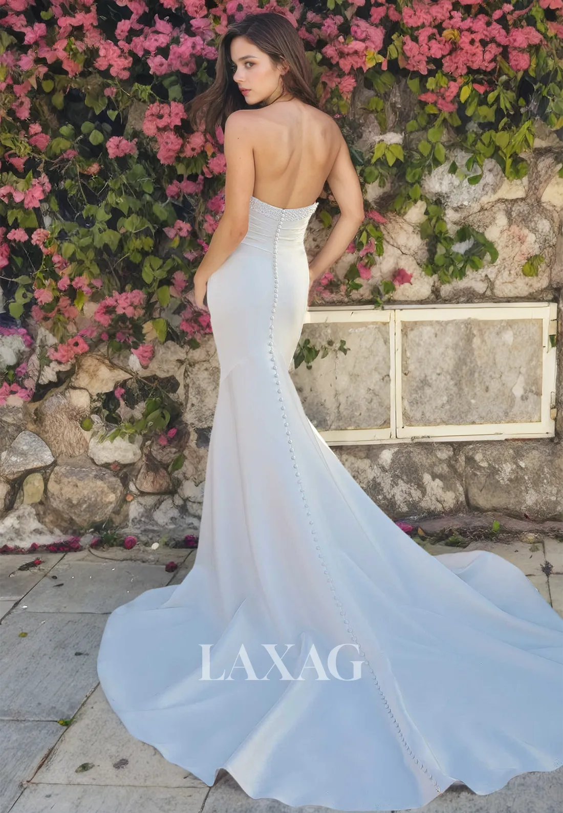 Strapless Pearls Sleek Satin Mermaid Wedding Dress with Train