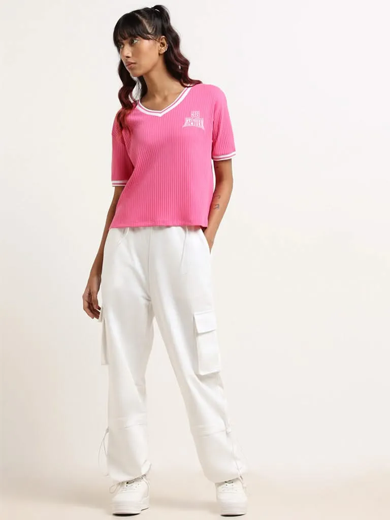 Studiofit Pink Cotton Blend Ribbed T-Shirt