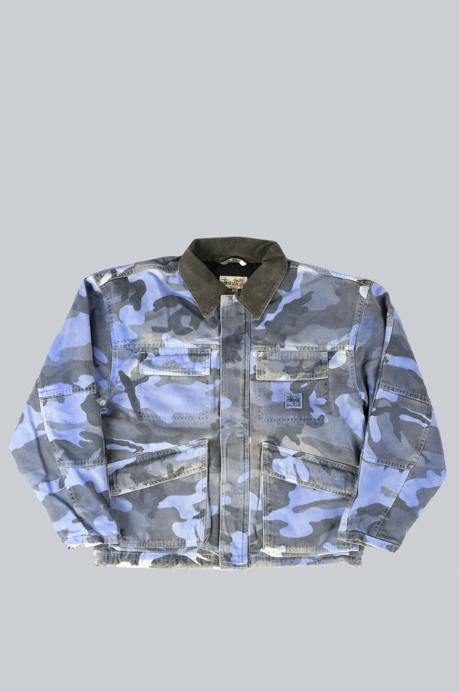 STUSSY SPRAY DYE CANVAS SHOP JACKET BLUE CAMO