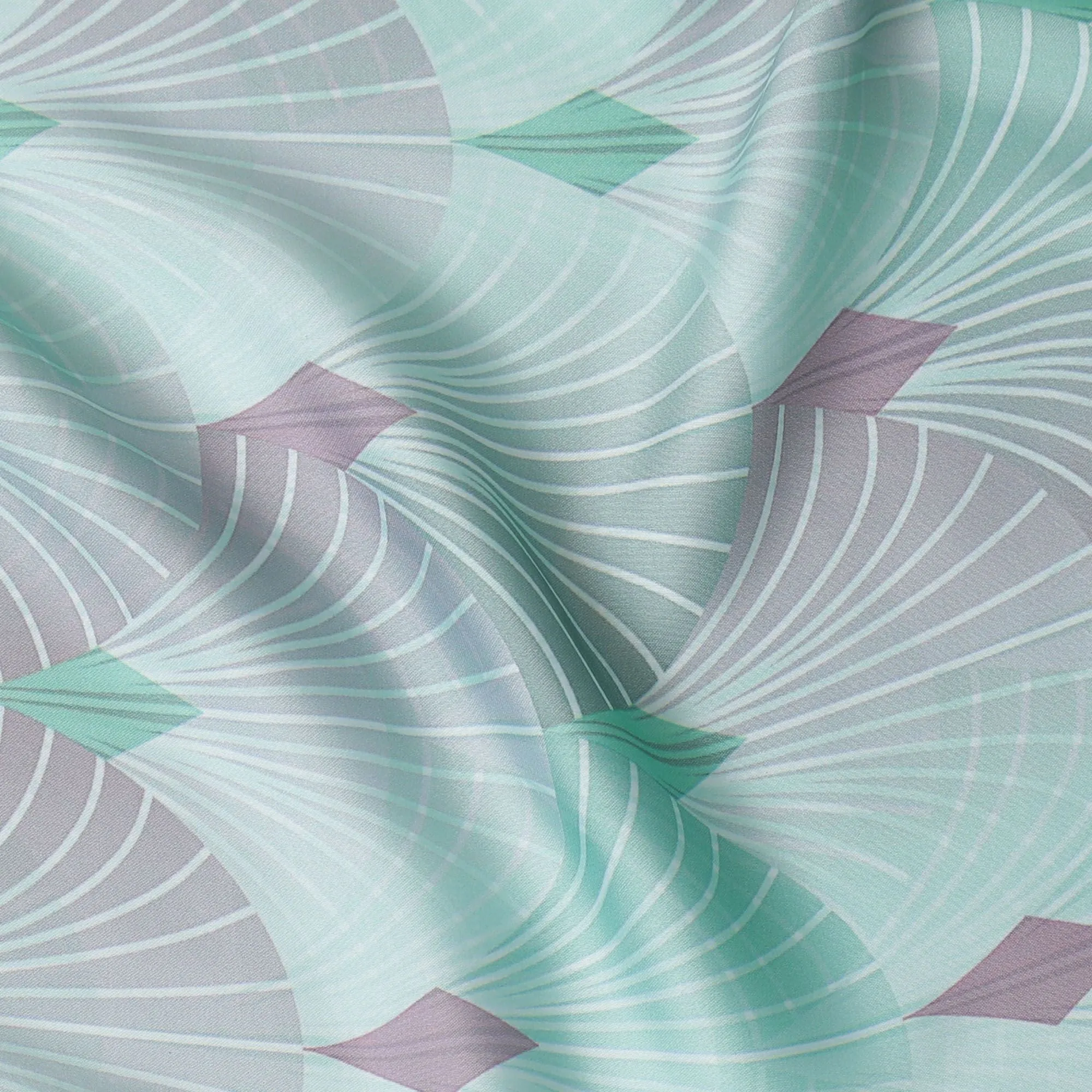 Tea green synthetic satin fabric with multicolor print in abstract design-D16841