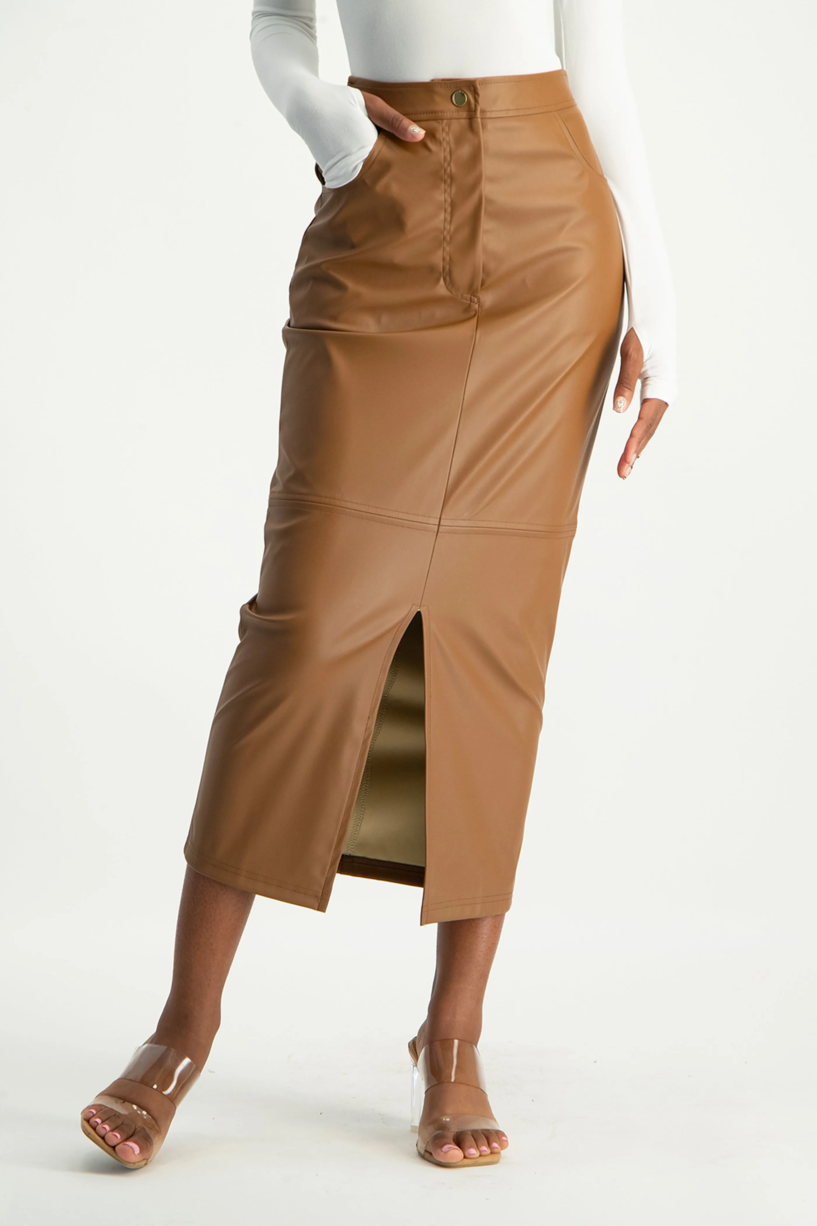 Tori Faux Leather Skirt - Brown