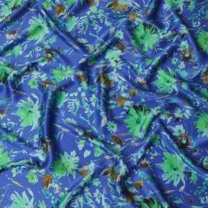 Vibrant Blue & Green Floral Silk Satin Fabric with Mirror Work - 110 cm Width-D20275