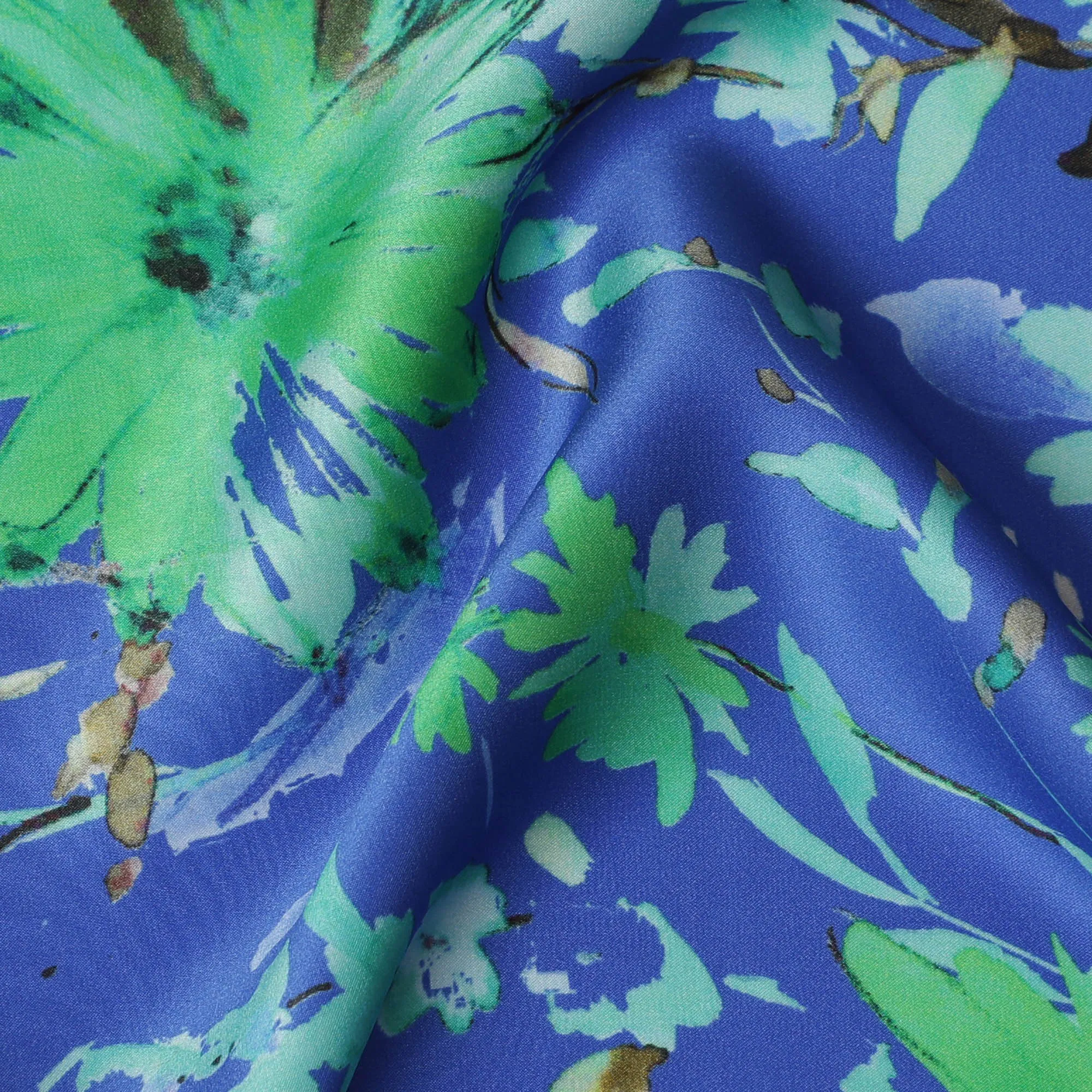 Vibrant Blue & Green Floral Silk Satin Fabric with Mirror Work - 110 cm Width-D20275