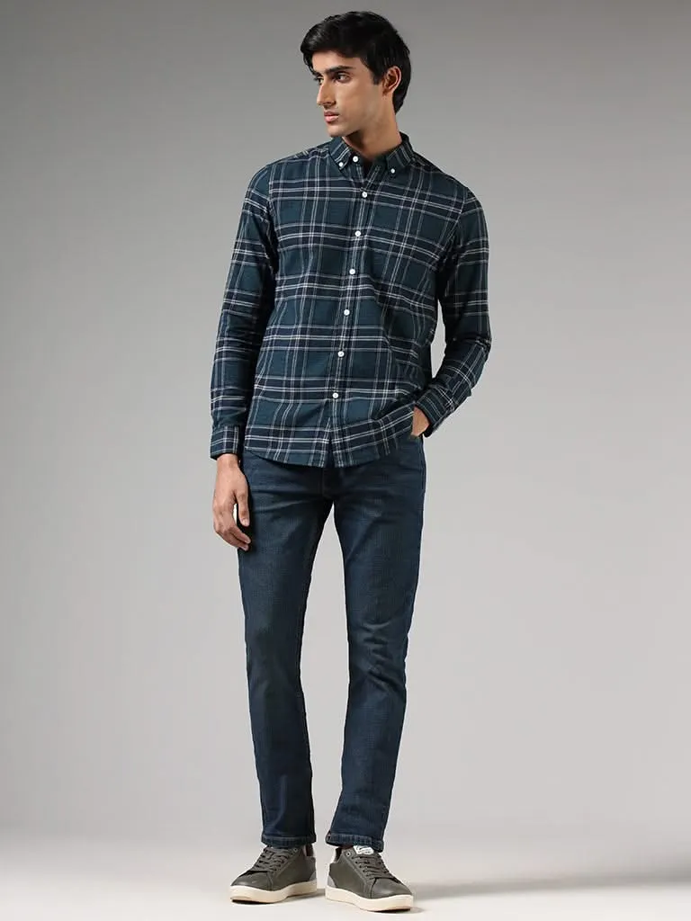 WES Casuals Emerald Green Checked Slim-Fit Shirt