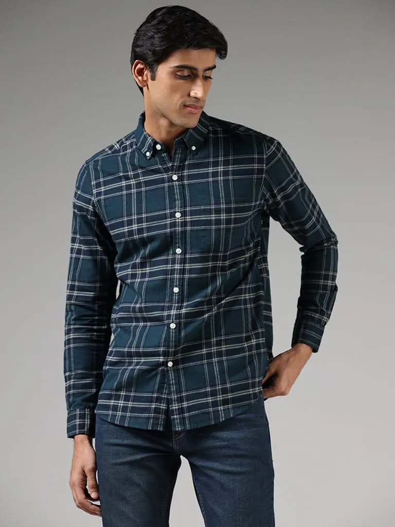 WES Casuals Emerald Green Checked Slim-Fit Shirt