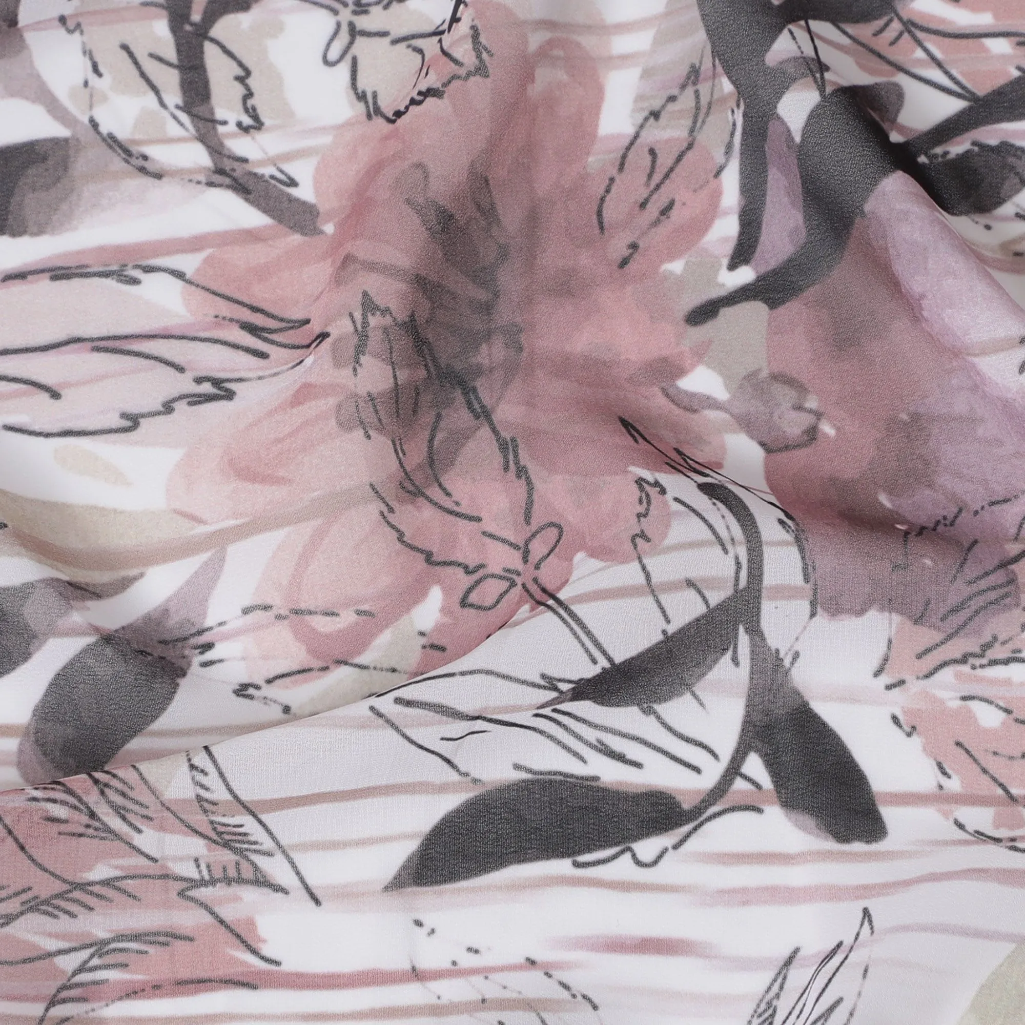 Whimsical Blush and Noir Bird Print Synthetic Modal Satin Fabric - 110cm Wide, Artistic Elegance, Perfect for Unique Creations-D18418