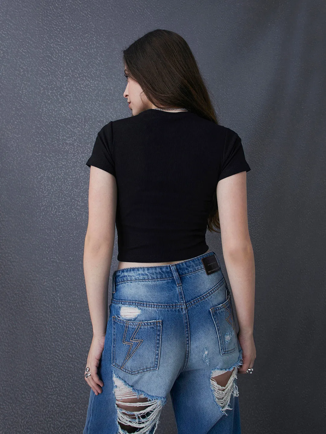 Women Premium Cotton Ribbed Slim Fit Black Crop Top