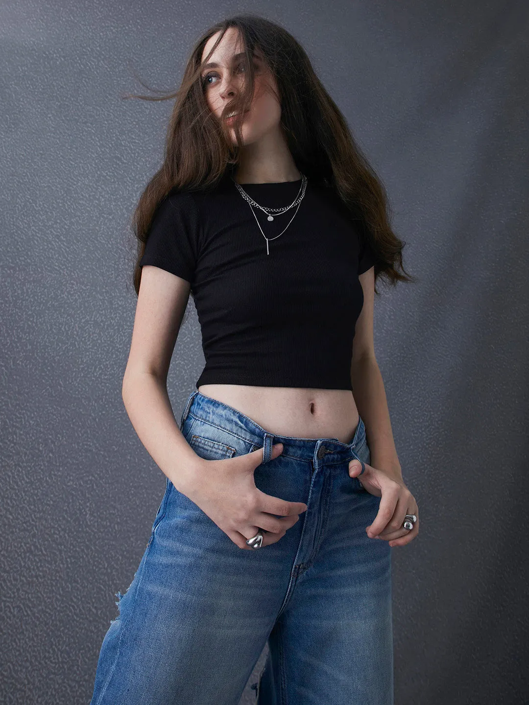 Women Premium Cotton Ribbed Slim Fit Black Crop Top