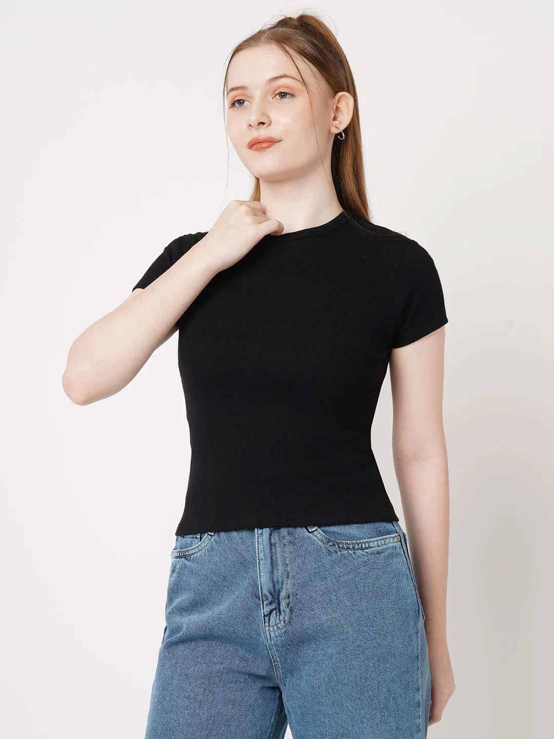 Women Slim Fit Black Crop Rib T-Shirt