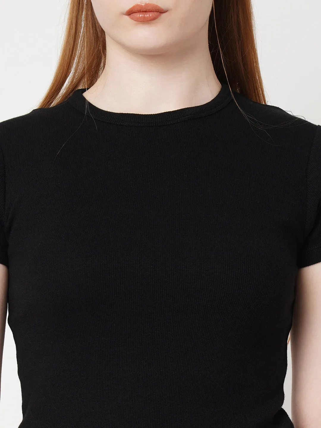 Women Slim Fit Black Crop Rib T-Shirt