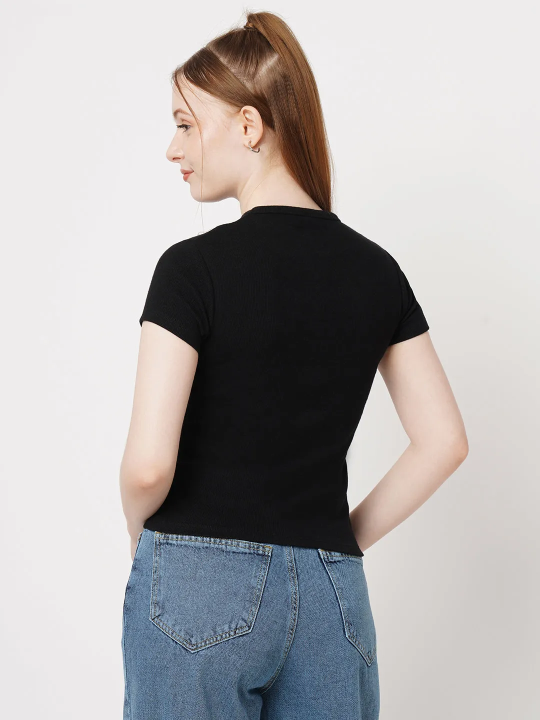 Women Slim Fit Black Crop Rib T-Shirt