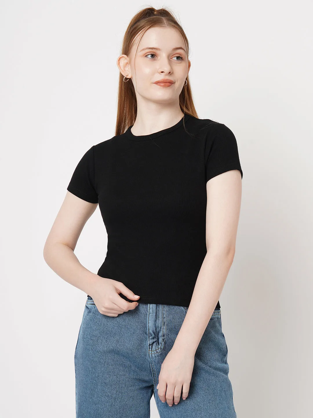 Women Slim Fit Black Crop Rib T-Shirt