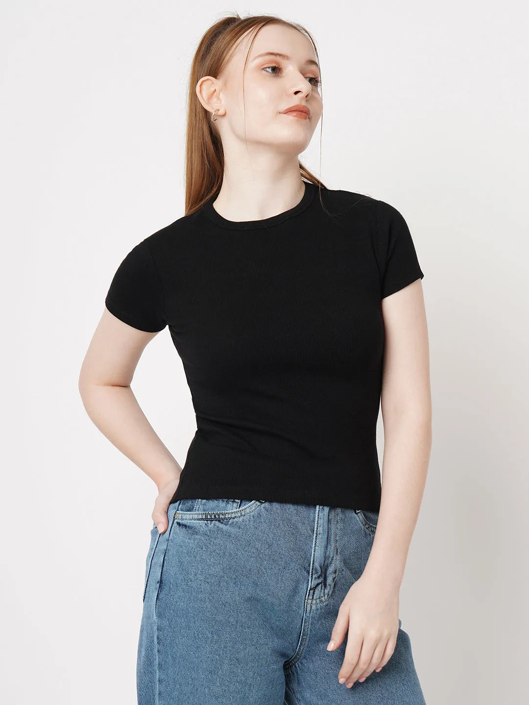 Women Slim Fit Black Crop Rib T-Shirt