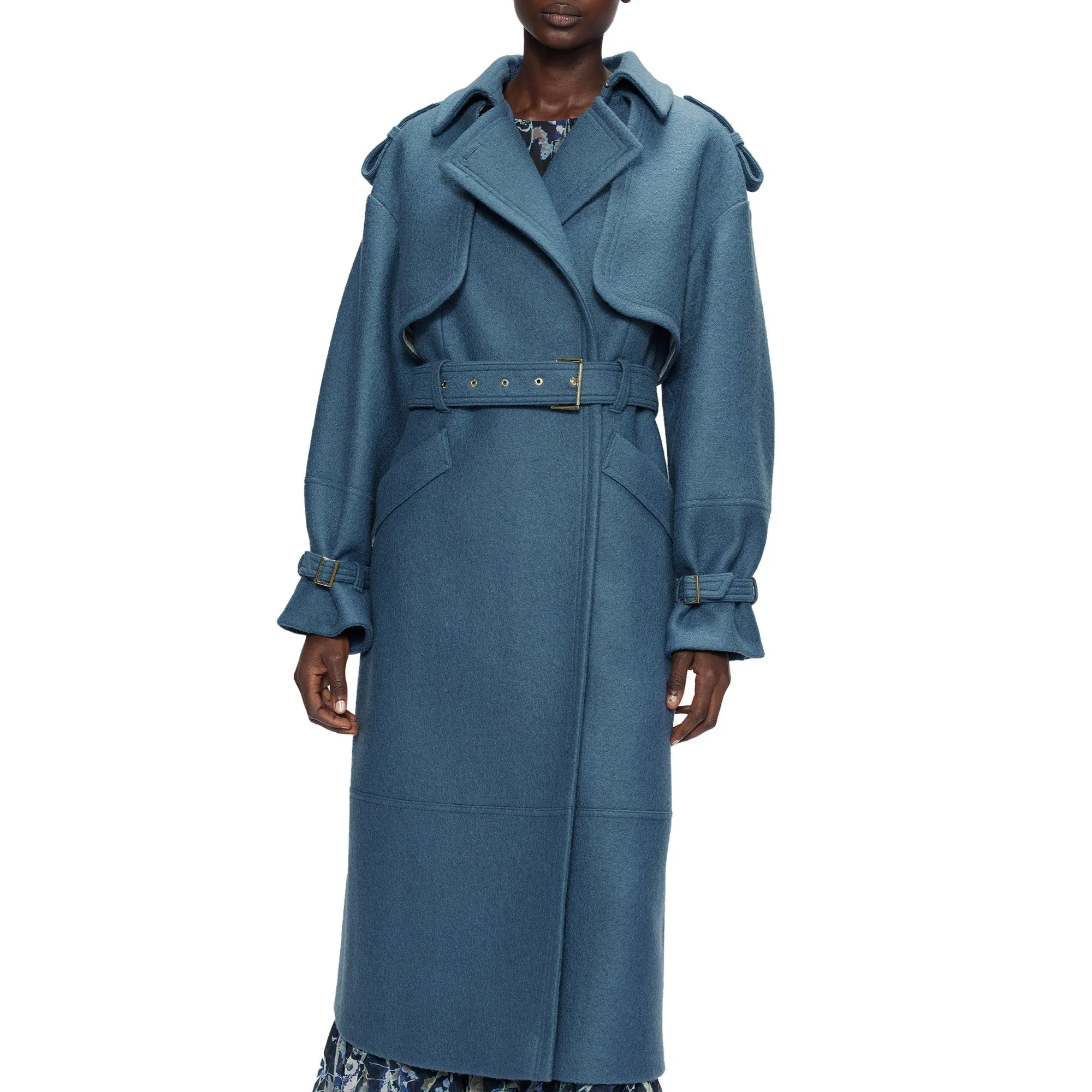 Women Wmo-Liiliey-Boiled Wool Trench Coat - Mid-Blue