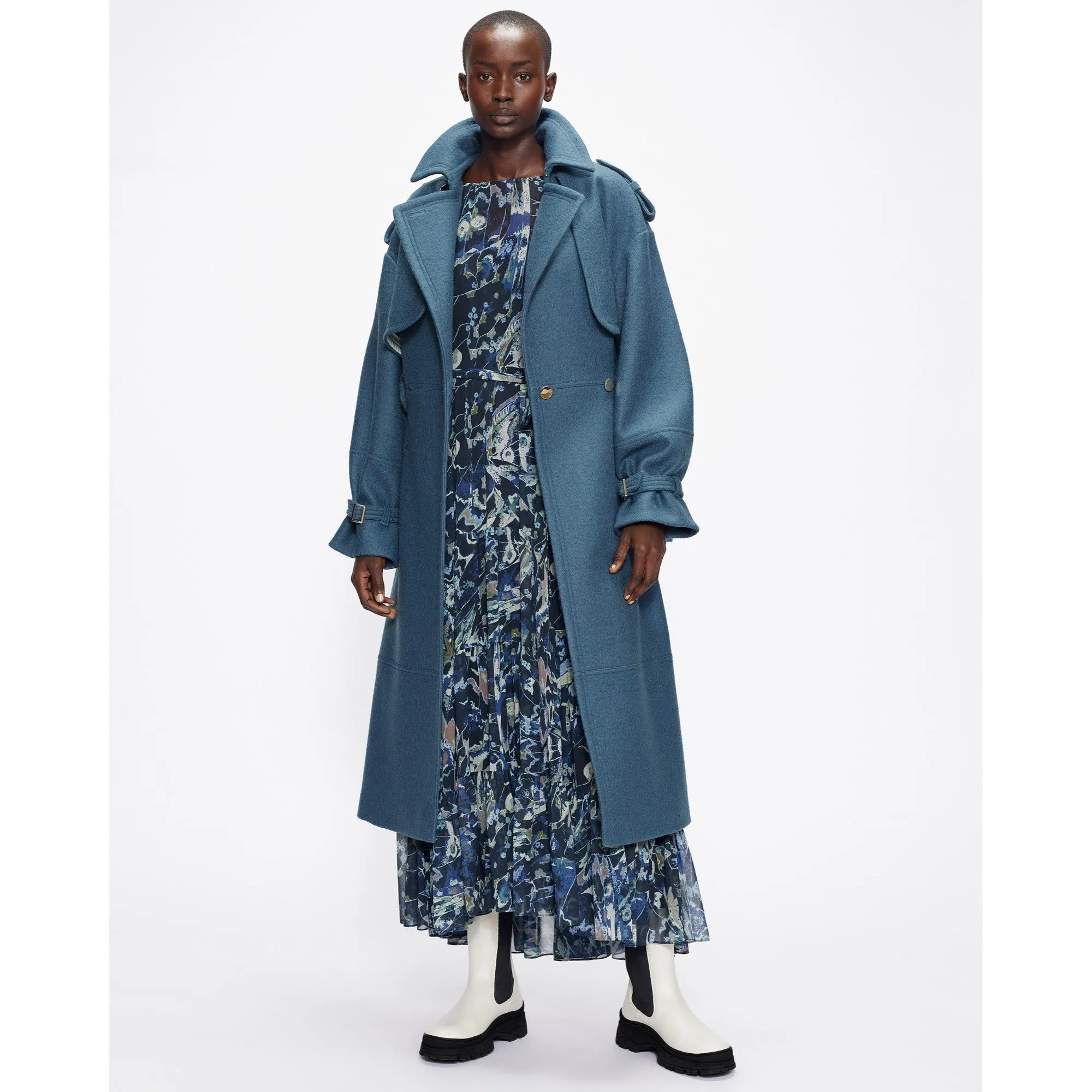 Women Wmo-Liiliey-Boiled Wool Trench Coat - Mid-Blue